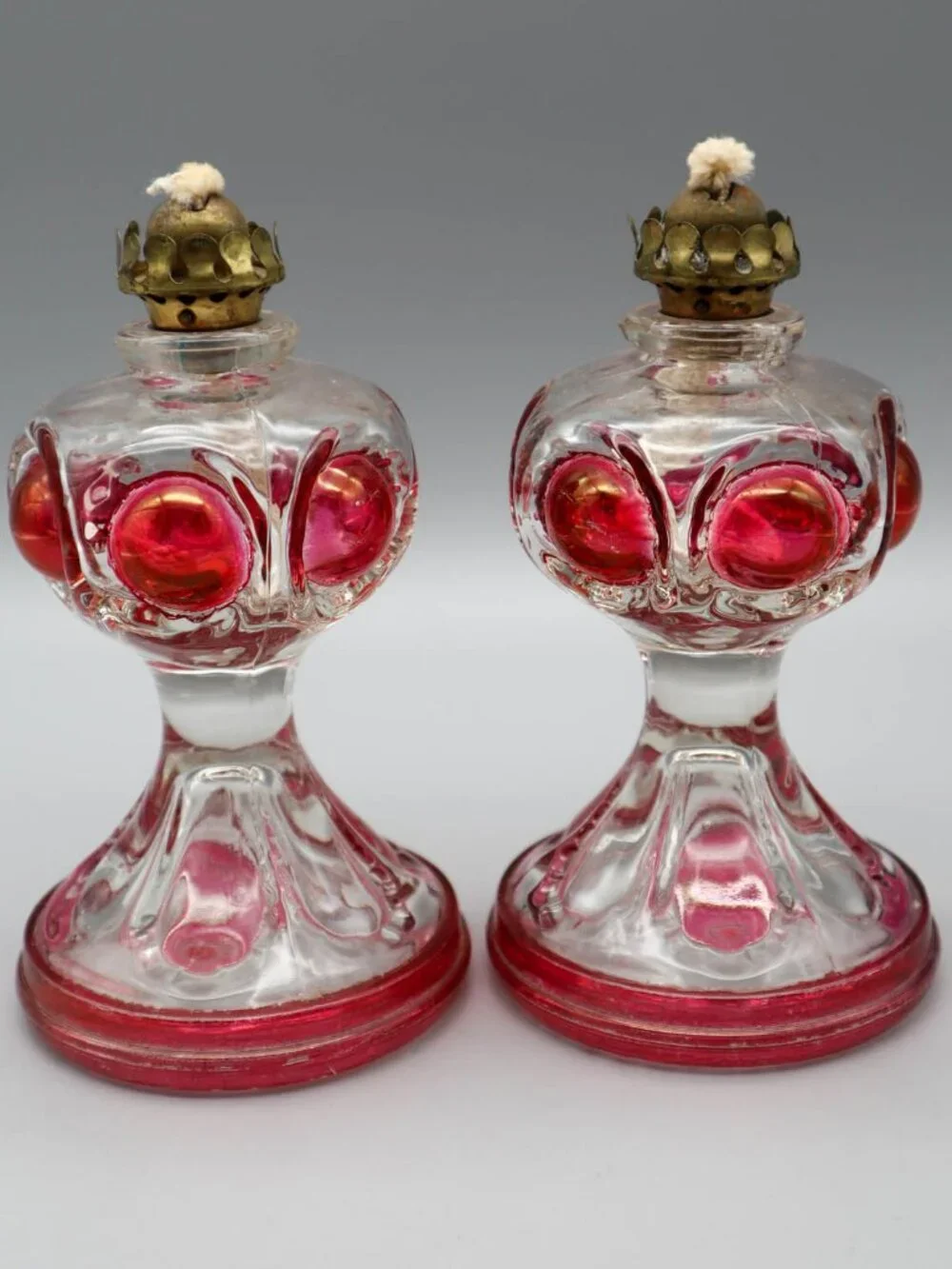 Vintage King's Crown Ruby Thumbprint / Bullseye Pressed Glass Miniature Oil Lamp